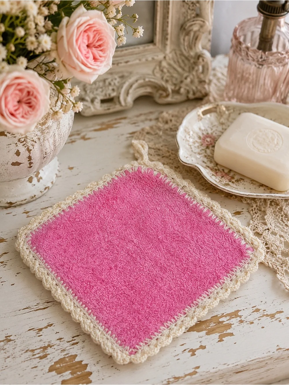 Handmade Pink Crochet Trim Washcloth Cottagecore Bathroom Shabby Chic Girly